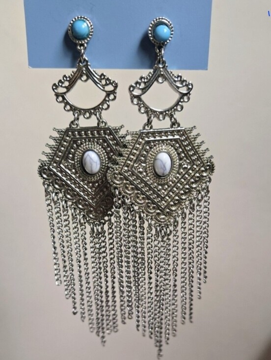 Vintage Jewelry - Vintage Silver Filigree Chandelier Earrings with Fuax Turquoise Studs